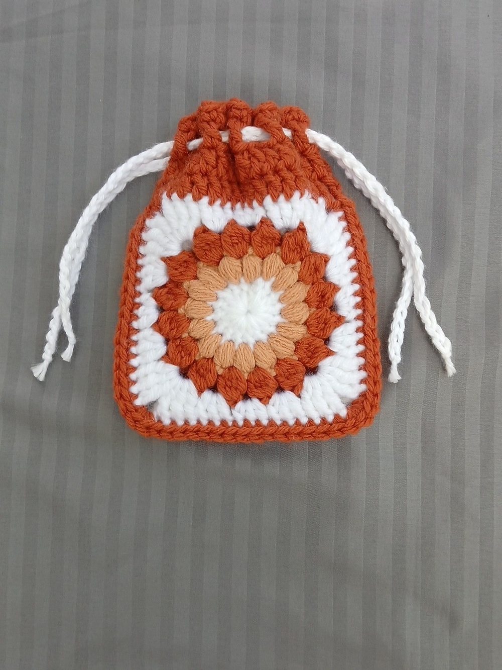 Handmade Crochet Drawstring Pouch - White & Darker Orange